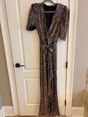Valentine Sequin Jumpsuit Silver Black Size Large Formal with belt, minor wear